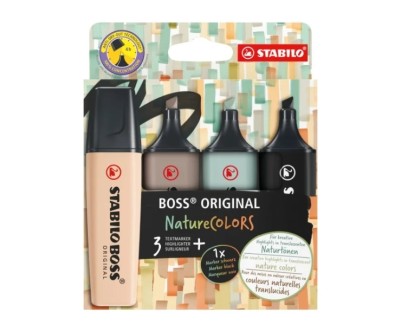 Stabilo Boss Naturecolors Pack de 4 Marcadores - Trazo entre 2 y 5mm - Tinta con Base de Agua - Colores Negro, Beige, Gris Calido y Verde Tierra