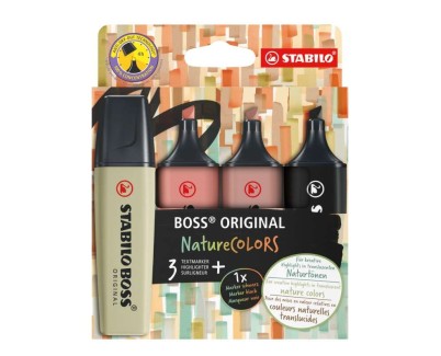Stabilo Boss Naturecolors Pack de 4 Marcadores - Trazo entre 2 y 5mm - Tinta con Base de Agua - Colores Negro, Ocre Oscuro, Siena y Verde Barro