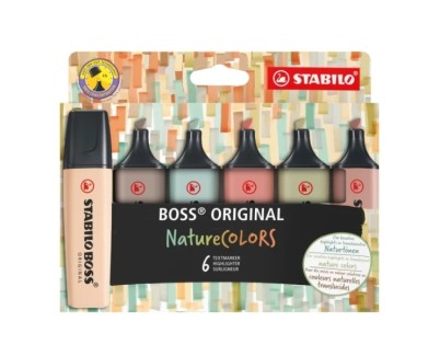 Stabilo Boss Naturecolors Pack de 6 Marcadores - Trazo entre 2 y 5mm - Tinta con Base de Agua - Colores Siena, Beige, Ocre Oscuro, Gris Calido, Verde Barro y Verde Tierra