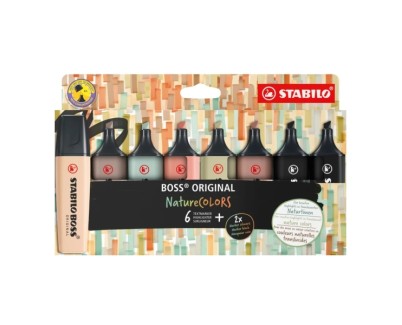 Stabilo Boss Naturecolors Pack de 8 Marcadores - Trazo entre 2 y 5mm - Tinta con Base de Agua - Colores Siena, Beige, Ocre Oscuro, Gris Calido, Verde Barro, Verde Tierra y Negro (x2)