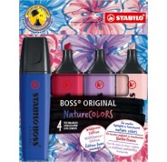Stabilo Boss Naturecolors Wildflower Edition Pack de 4 Marcadores - Trazo entre 2 y 5mm - Tinta con Base de Agua - Colores Azul Marino, Colorete, Lila Grisaceo y Rojo Borgoña
