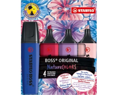 Stabilo Boss Naturecolors Wildflower Edition Pack de 4 Marcadores - Trazo entre 2 y 5mm - Tinta con Base de Agua - Colores Azul Marino, Colorete, Lila Grisaceo y Rojo Borgo&ntilde;a