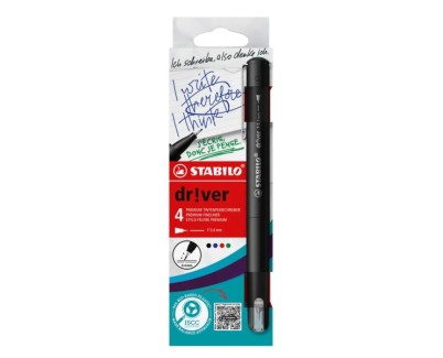 Stabilo Dr!ver Pack de 4 Rotuladores de Punta Fina 0.4mm - Tinta a Prueba de Manchas, Inodora y con Base al Agua - Fabricado con 94% de Bioplastico - Colores Surtidos