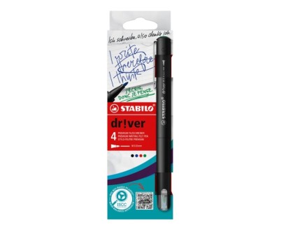 Stabilo Dr!ver Pack de 4 Rotuladores de Punta Media 0.8mm - Tinta a Prueba de Manchas, Inodora y con Base al Agua - Fabricado con 94% de Bioplastico - Colores Surtidos