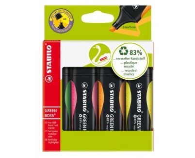 Stabilo Green Boss Pack de 4 Marcadores Fluorescentes - Fabricado con un 83% de Plastico Reciclado - Trazo entre 2 y 5mm - Recargable - Colores Surtidos