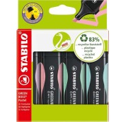Stabilo Green Boss Pastel Pack de 4 Marcadores Fluorescentes - Fabricado con un 83% de Plastico Reciclado - Trazo entre 2 y 5mm - Recargable - Colores Surtidos Pastel