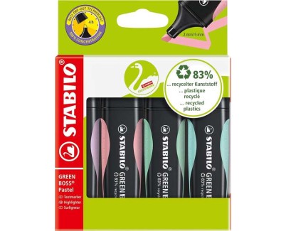 Stabilo Green Boss Pastel Pack de 4 Marcadores Fluorescentes - Fabricado con un 83% de Plastico Reciclado - Trazo entre 2 y 5mm - Recargable - Colores Surtidos Pastel