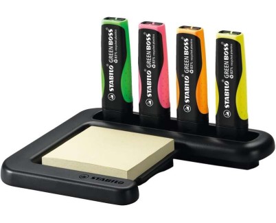 Stabilo Green Boss Set de Mesa de 4 Marcadores Fluorescentes 83% Plastico Reciclado + Bloc de Notas Adhesivas 100% Papel Reciclado - Set Fabricado 98% Plastico Reciclado - Colores Surtidos