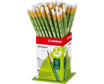 Stabilo GREENgraph Expositor con 60 Lapices de Grafito con Goma - Mina HB 2.2mm - 100% Madera Cultivada de Forma Sostenible - Cuerpo de Color Verde