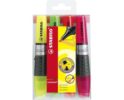 Stabilo Luminator Pack de 4 Marcadores Fluorescentes - Mayor Suministro de Tinta - Zona de Agarre - Trazo entre 2 y 5mm - Colores Verde, Amarillo, Rosa y Naranja