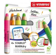 Stabilo MARKdry Neon Pack de 4 Marcadores para Pizarra + Sacapuntas + Paño de Limpieza - Mina XXL de 10mm - Madera 100% Certificada PRFC - Colores Neon Surtidos