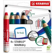 Stabilo MARKdry Pack de 4 Marcadores para Pizarra + Sacapuntas + Paño de Limpieza - Mina XXL de 10mm - Madera 100% Certificada PRFC - Colores Azul, Verde, Rojo y Negro