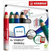 Stabilo MARKdry Pack de 4 Marcadores para Pizarra + Sacapuntas + Paño de Limpieza - Mina XXL de 10mm - Madera 100% Certificada PRFC - Colores Azul, Verde, Rojo y Negro