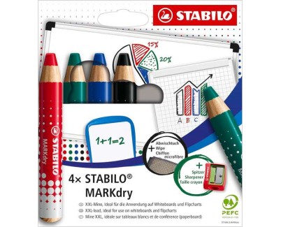 Stabilo MARKdry Pack de 4 Marcadores para Pizarra + Sacapuntas + Paño de Limpieza - Mina XXL de 10mm - Madera 100% Certificada PRFC - Colores Azul, Verde, Rojo y Negro