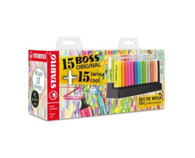 Stabilo Pack de Set de Mesa con 15 Marcadores Stabilo Boss y 15 Marcadores Swing Cool - Tinta con Base de Agua - Colores Surtidos