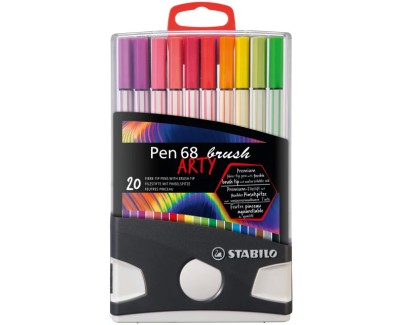 Stabilo Pen 68 Brush Arty Caja de Plastico Rigida con 30 Rotuladores - Punta de Pincel - Tinta a Base de Agua - Colores Surtidos