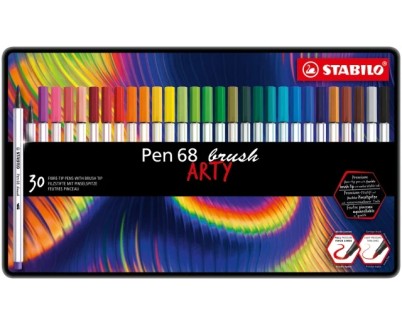 Stabilo Pen 68 Brush Arty Caja Metalica de 30 Rotuladores - Punta de Pincel - Tinta a Base de Agua - Colores Surtidos