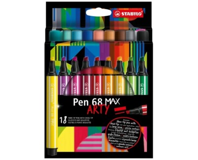 Stabilo Pen 68 MAX Arty Pack de 18 Rotuladores - Punta de Fibra Biselada - Trazo entre 1-5mm aprox. - Tinta a Base de Agua - Colores Surtidos