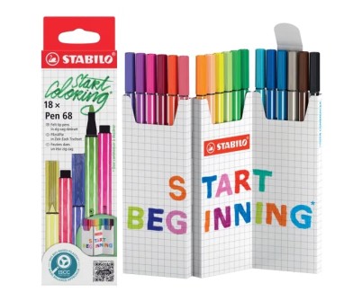 Stabilo Pen 68 Pack de 18 Rotuladores de Punta de Fibra - Trazo de 1mm aprox. - Tinta con Base de Agua - Colores Surtidos