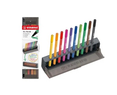 Stabilo Pen 68 Set de Mesa con 10 Rotuladores de Punta de Fibra - Trazo de 1mm aprox. - Tinta con Base de Agua - Colores Surtidos