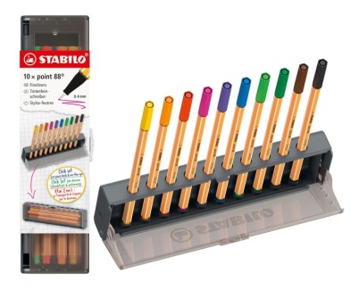 Stabilo Point 88 Set de Mesa con 10 Rotuladores de Punta de Fibra - Trazo de 0.4mm aprox. - Tinta con Base de Agua - Colores Surtidos