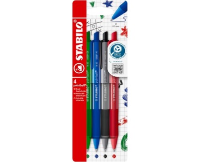 Stabilo Pointball Colorful Pack de 4 Boligrafos Retractiles - Trazo 0.5mm - Hechos con 87% Bioplastico - Grip Antideslizante - Recargables - Colores Surtidos