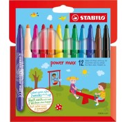 Stabilo Power Max Pack de 12 Rotuladores de Punta Gruesa - Trazo 3mm - Tinta Lavable - No se Seca - Colores Surtidos