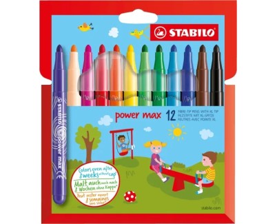 Stabilo Power Max Pack de 12 Rotuladores de Punta Gruesa - Trazo 3mm - Tinta Lavable - No se Seca - Colores Surtidos