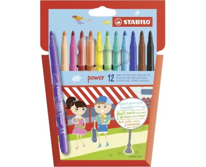 Stabilo Power Pack con 12 Rotuladores de Colores - Punta Media de 2mm - Tinta Lavable - Capuchon Ventilado - Colores Surtidos