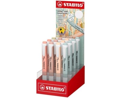 Stabilo Swing Cool Naturecolors Expositor con 16 Marcadores Fluorescentes - Cuerpo Plano - Punta Biselada - Trazo entre 1 y 4mm - Tinta con Base de Agua - Antisecado - Colores Surtidos