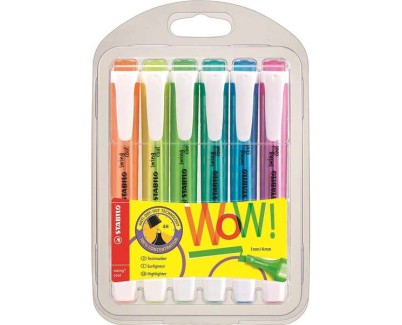 Stabilo Swing Cool Pack de 6 Marcadores Fluorescentes - Cuerpo Plano - Punta Biselada - Trazo entre 1 y 4mm - Tinta con Base de Agua - Antisecado - Colores Surtidos