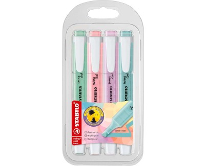 Stabilo Swing Cool Pastel Pack de 4 Marcadores Fluorescentes - Cuerpo Plano - Punta Biselada - Trazo entre 1 y 4mm - Tinta con Base de Agua - Colores Surtidos