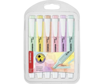 Stabilo Swing Cool Pastel Pack de 6 Marcadores Fluorescentes - Cuerpo Plano - Punta Biselada - Trazo entre 1 y 4mm - Tinta con Base de Agua - Colores Surtidos