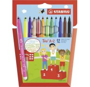 Stabilo Trio A-Z Pack con 12 Rotuladores de Punta Fina de Fibra - Trazo 0.7mm - Tinta Super Lavable - Forma Triangular - Colores Surtidos