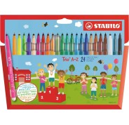 Stabilo Trio A-Z Pack con 24 Rotuladores de Punta Fina de Fibra - Trazo 0.7mm - Tinta Lavable - Zona de Agarre Triangular - Colores Surtidos