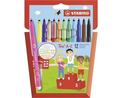 Stabilo Trio AZ Pack de 12 Rotulador de Punta Fina de Fibra - Trazo 0.7mm - Tinta Super Lavable - Forma Triangular - Colores Surtidos