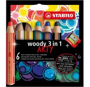 Stabilo Woddy 3 en 1 Arty Pack de 6 Lapices de Colores + Sacapuntas - Lapiz de Color, Cera y Acuarela, Todo en Uno - Mina XXL 10mm - Colores Surtidos