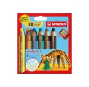 Stabilo Woody 3 en 1 30º Aniversario Tigre Pack de 6 Lapices de Colores + Sacapuntas - Lapiz de Color, Cera y Acuarela, Todo en Uno - Mina XXL 10mm - Colores Surtidos
