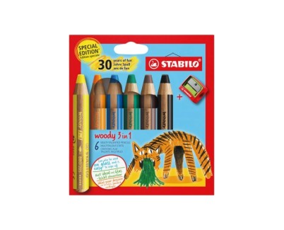 Stabilo Woody 3 en 1 30º Aniversario Tigre Pack de 6 Lapices de Colores + Sacapuntas - Lapiz de Color, Cera y Acuarela, Todo en Uno - Mina XXL 10mm - Colores Surtidos