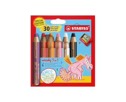 Stabilo Woody 3 en 1 30º Aniversario Unicornio Pack de 6 Lapices de Colores + Sacapuntas - Lapiz de Color, Cera y Acuarela, Todo en Uno - Mina XXL 10mm - Colores Surtidos