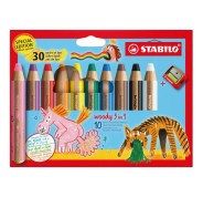 Stabilo Woody 3 en 1 30º Aniversario Unicornio y Tigre Pack de 10 Lapices de Colores + Sacapuntas - Lapiz de Color, Cera y Acuarela, Todo en Uno - Mina XXL 10mm - Colores Surtidos