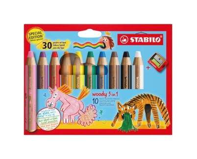 Stabilo Woody 3 en 1 30º Aniversario Unicornio y Tigre Pack de 10 Lapices de Colores + Sacapuntas - Lapiz de Color, Cera y Acuarela, Todo en Uno - Mina XXL 10mm - Colores Surtidos