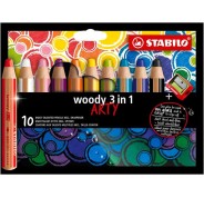 Stabilo Woody 3 en 1 Arty Pack de 10 Lapices de Colores + Sacapuntas - Lapiz de Color, Cera y Acuarela, Todo en Uno - Mina XXL 10mm - Colores Surtidos