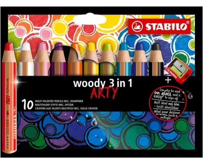 Stabilo Woody 3 en 1 Arty Pack de 10 Lapices de Colores + Sacapuntas - Lapiz de Color, Cera y Acuarela, Todo en Uno - Mina XXL 10mm - Colores Surtidos