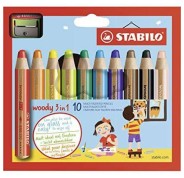 Stabilo Woody 3 en 1 Pack de 10 Lapices de Colores + Sacapuntas - Lapiz de Color, Cera y Acuarela, Todo en Uno - Mina XXL 10mm - Colores Surtidos