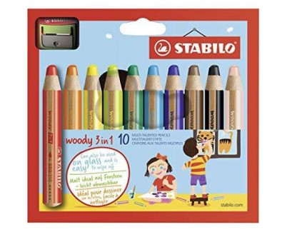 Stabilo Woody 3 en 1 Pack de 10 Lapices de Colores + Sacapuntas - Lapiz de Color, Cera y Acuarela, Todo en Uno - Mina XXL 10mm - Colores Surtidos