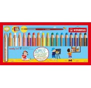 Stabilo Woody 3 en 1 Pack de 18 Lapices de Colores + Sacapuntas + Pincel Nº 8 - Lapiz de Color, Cera y Acuarela, Todo en Uno - Mina XXL 10mm - Colores Surtidos