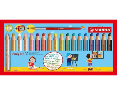 Stabilo Woody 3 en 1 Pack de 18 Lapices de Colores + Sacapuntas + Pincel Nº 8 - Lapiz de Color, Cera y Acuarela, Todo en Uno - Mina XXL 10mm - Colores Surtidos