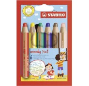 Stabilo Woody 3 en 1 Pack de 6 Lapices de Colores - Lapiz de Color, Cera y Acuarela, Todo en Uno - Mina XXL 10mm - Colores Surtidos