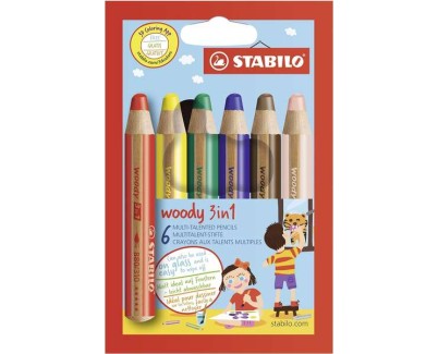 Stabilo Woody 3 en 1 Pack de 6 Lapices de Colores - Lapiz de Color, Cera y Acuarela, Todo en Uno - Mina XXL 10mm - Colores Surtidos